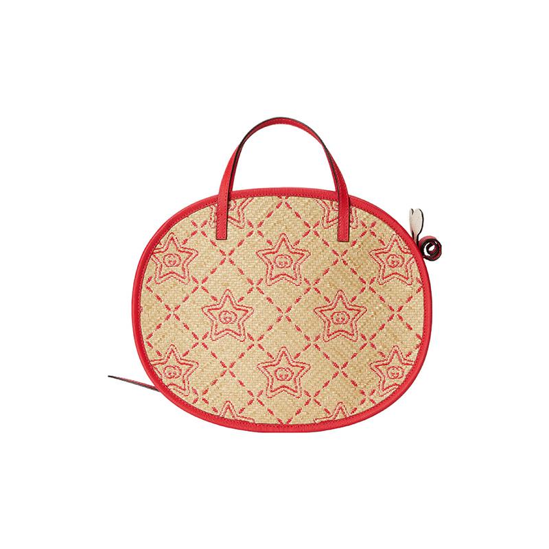 Gucci Star GG pattern herringbone raffia and leather handbag children's red/beige