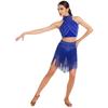 Womens Chacha Salsa Dance Outfit Halter Sleeveless Backless Shiny Ruched Crop Top Tiered Tassels Skirt Built In Shorts