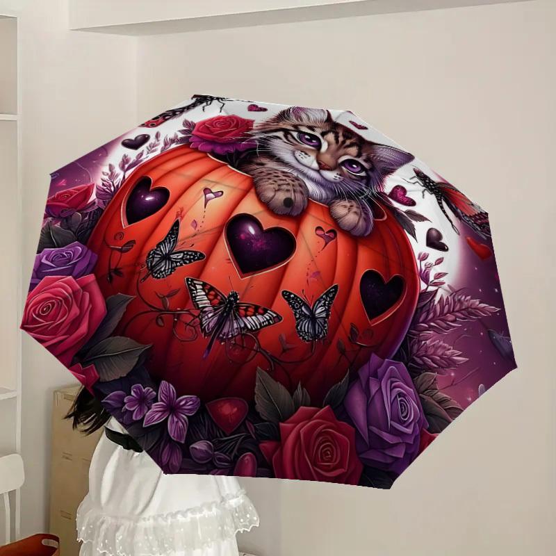1pc Halloween Pumpkin Cat Automatic Open/Close Umbrella, Folding Compact Umbrella with Lightweight Design for Women/Men yy251011087
