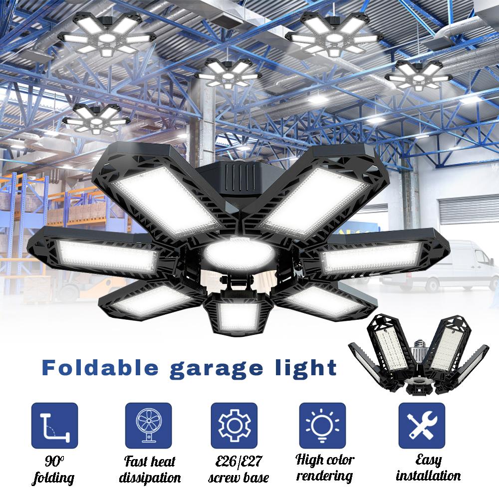 Folding Garage Lighting 120W LED Light E26 E27 Ceiling Lamp LED High Bay Lights UFO Deformable Bulb Garagenleuchte for Workshop