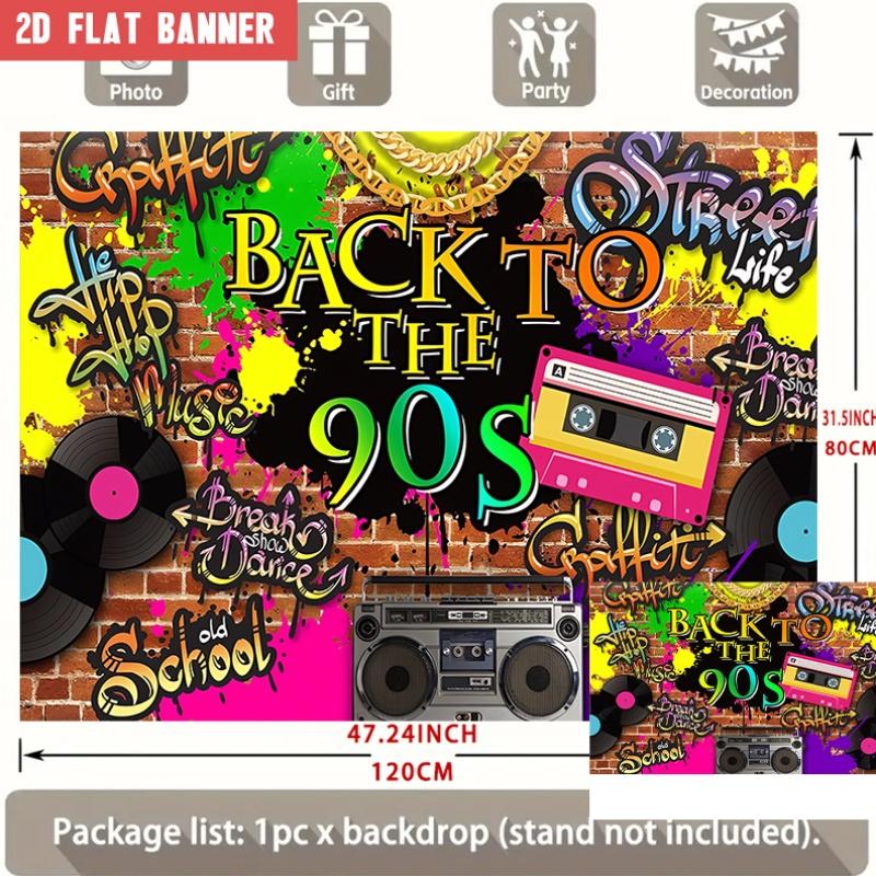 2D Flat Party Backdrop Banner - Back to 90s Theme with Graffiti Brick Wall,Polyester Photo Background for Wedding Banner Decor