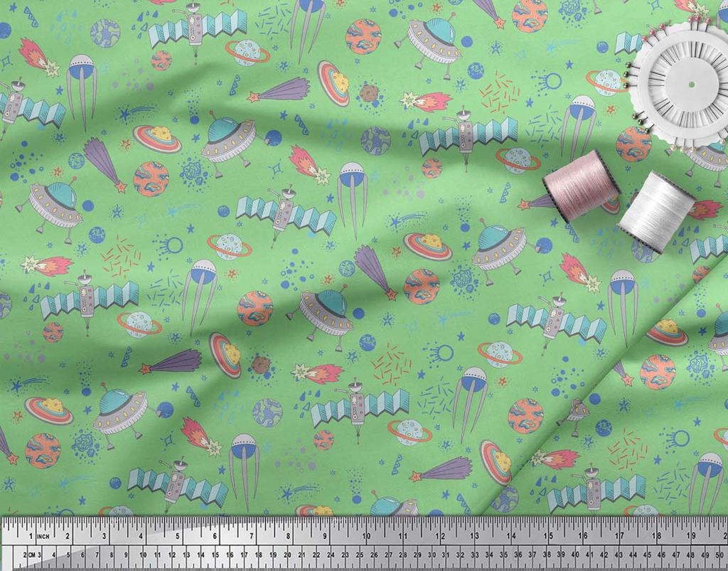 Soimoi Зеленая японская креп-сатиновая ткань Ткань с принтом «Спутник и планета Галактика» по метрам, 42 дюйма