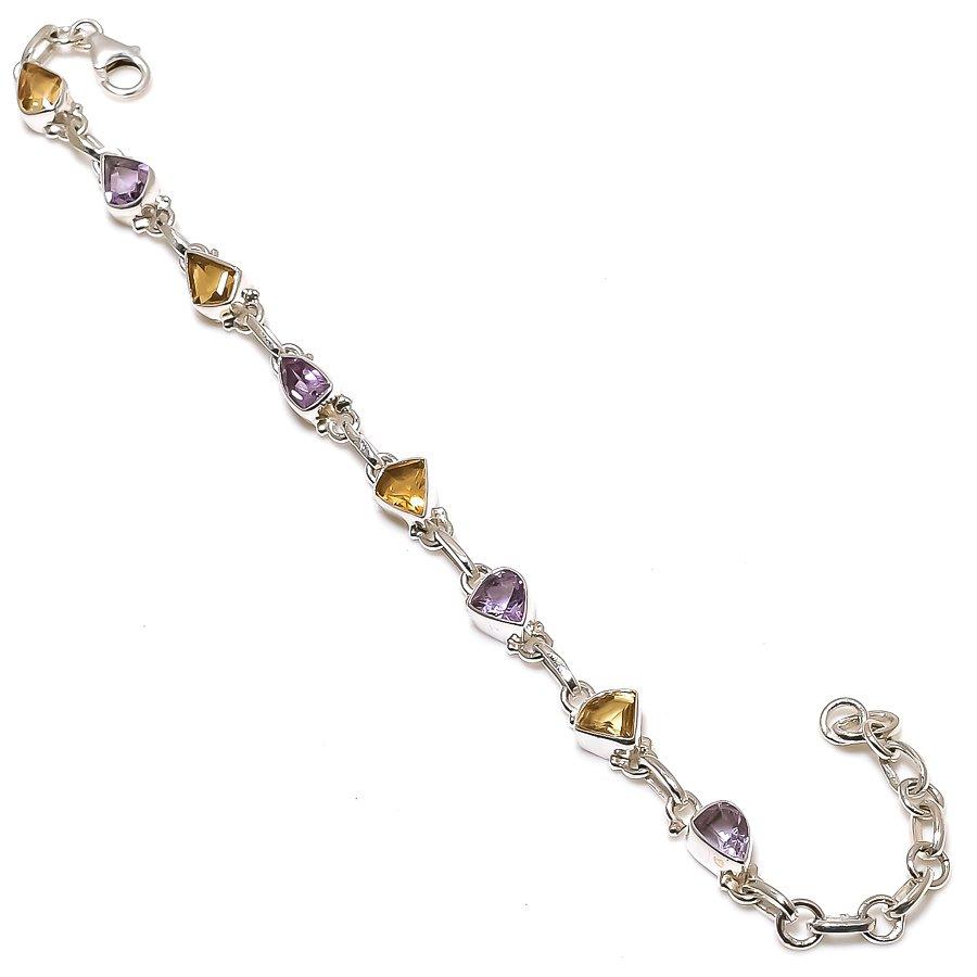 Natural Pink Amethyst,Citrine 925 Solid Sterling Silver Gift Bracelet 7-8" L8o45