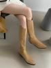 Fashion Middle Heel Shoes for Women Pointed Toe Ladies Boots Leather Winter Knee High Shaft Footwear Long New Rock Designer Luxury 2024