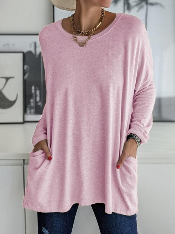 Women's Casual Spring and Summer Pocket Tunic Top O-neck Shirt Long Sleeve Shirt Fashion Large Size Loose Solid Color T-Shirt