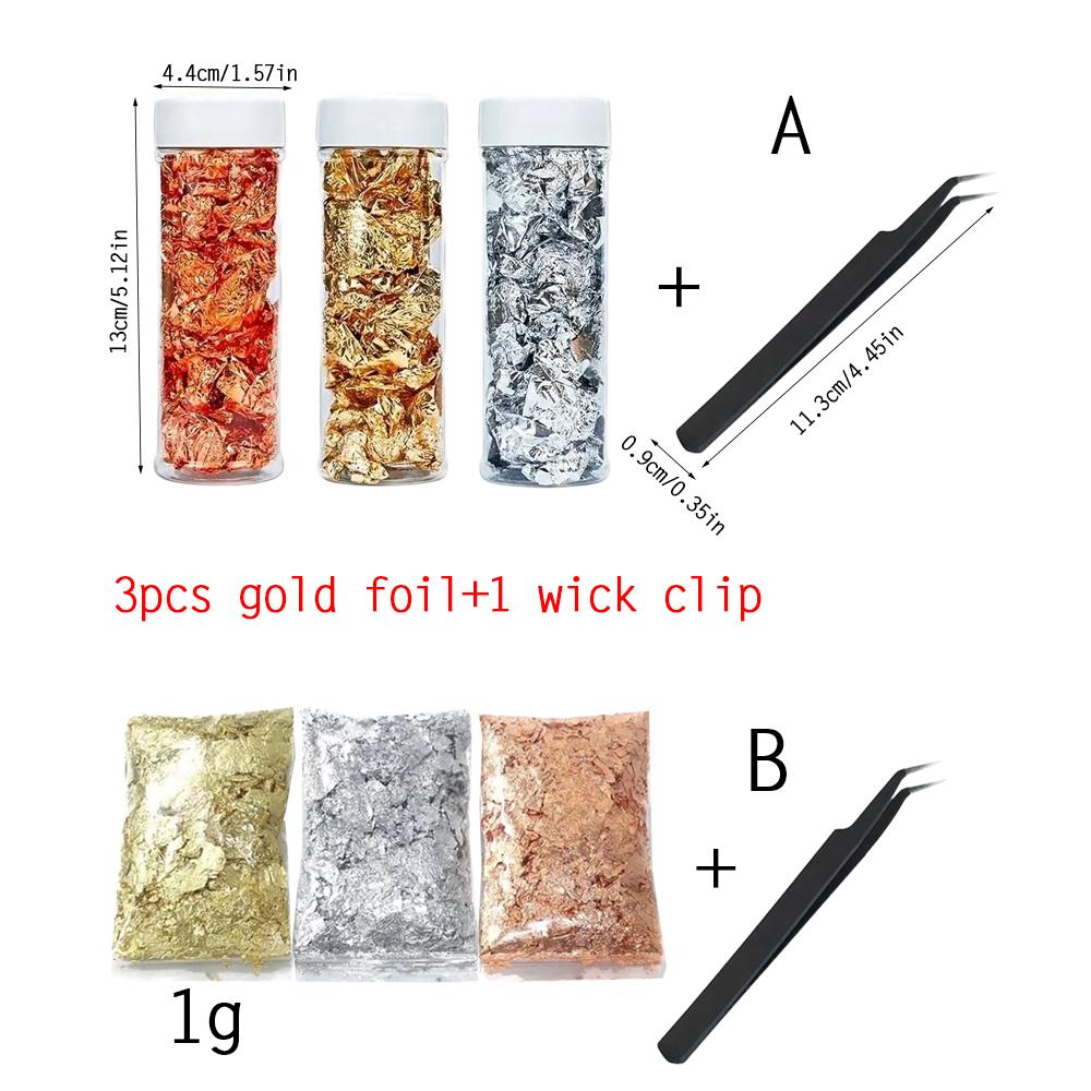 Gold Foil Flakes Set Tweezers 3 Bottles Metallic Foil Flakes for Candle Resin Nails Painting Art Crafts Silver Copper Birthday Gifts