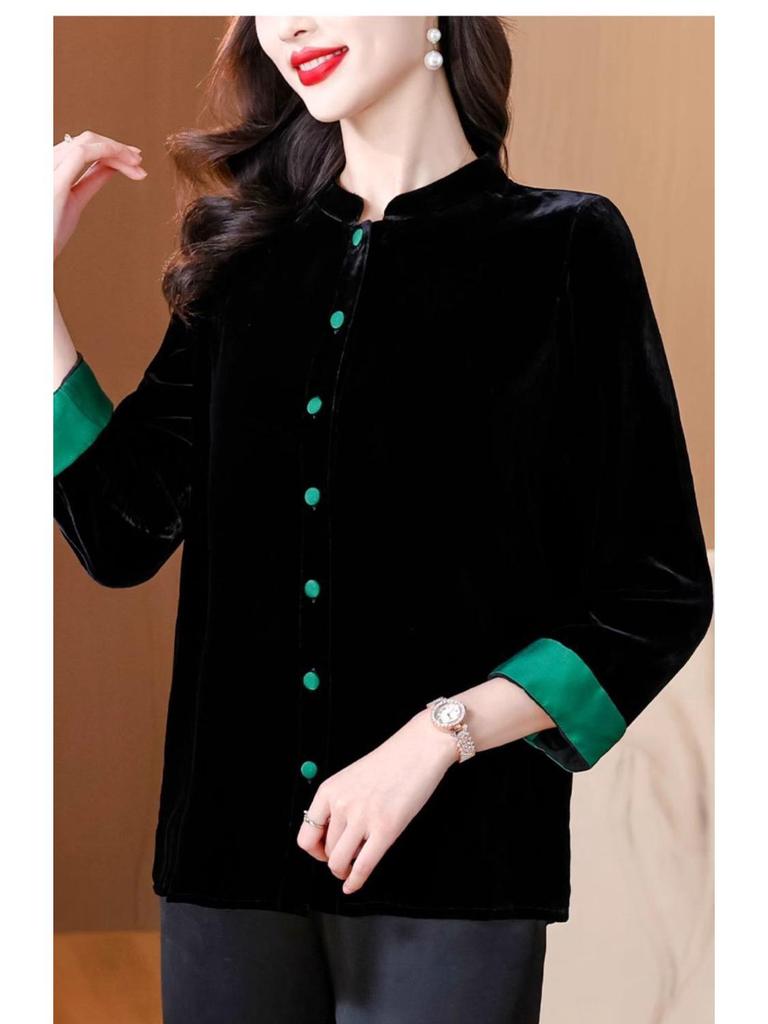 Женское черное бархатное пальто - Новый китайский стиль Весна/Осень Свободный кардиган