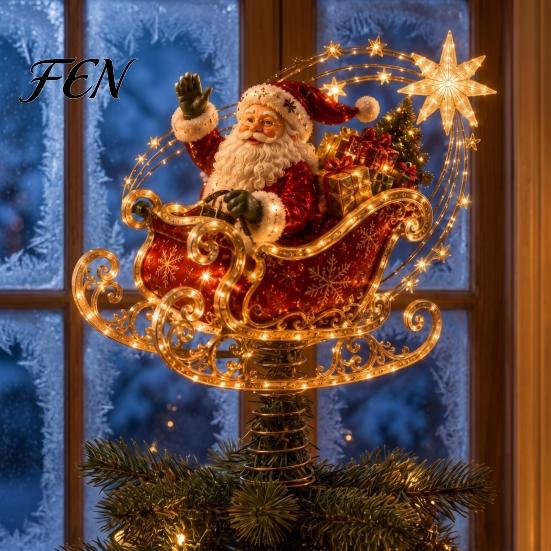 Spring Loaded Tree Crown Ornament Lighted Christmas Topper, Illuminated Santa Claus Gingerbread Nutcracker Treetop Decorative Geometric with Base for