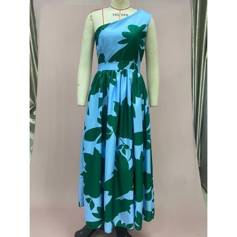 Women's Summer Printed Leaf Patchwork Strapless Printed Long Dresses