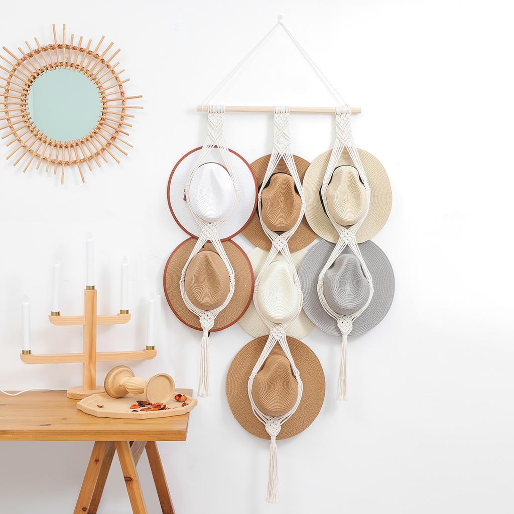 Подвесной держатель для шапок в скандинавском стиле Boho из хлопка, органайзер для демонстрации шляп, шарфов, вешалка для шляп в стиле макраме, настенное хранение