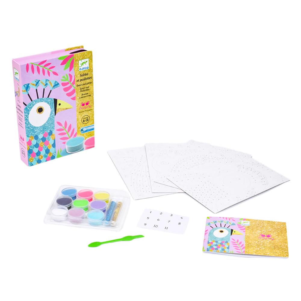 DJECO Sand Glitter Dazzling Birds Sand Art Sand Painting Glass Deco Drawing Educational Elementary School Stylish & Set, Kit, Set, Glitter, Toy,
