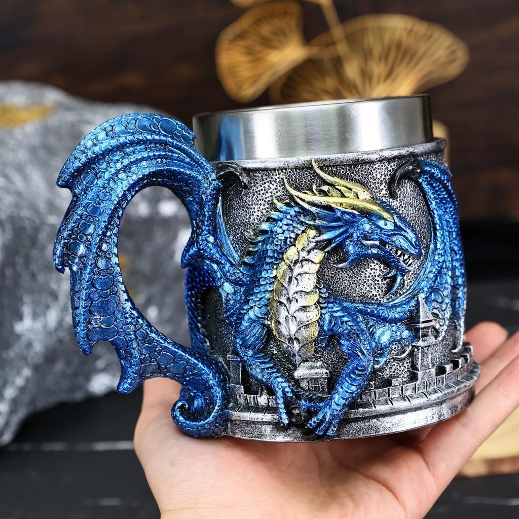 Винтажная кружка с драконом в виде замка, расписанная вручную, из смолы, нержавеющая сталь, пивная кружка, чашка для кофе и чая, креативный дизайн, украшение для бара(емкость 450 мл)