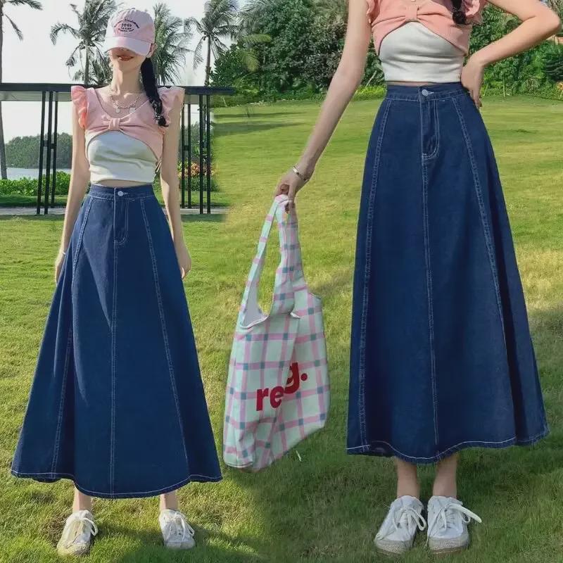 2024 Джинсовая юбка А-силуэта с высокой талией в стиле ретро — средней длины, большой размер Swing, весна-лето