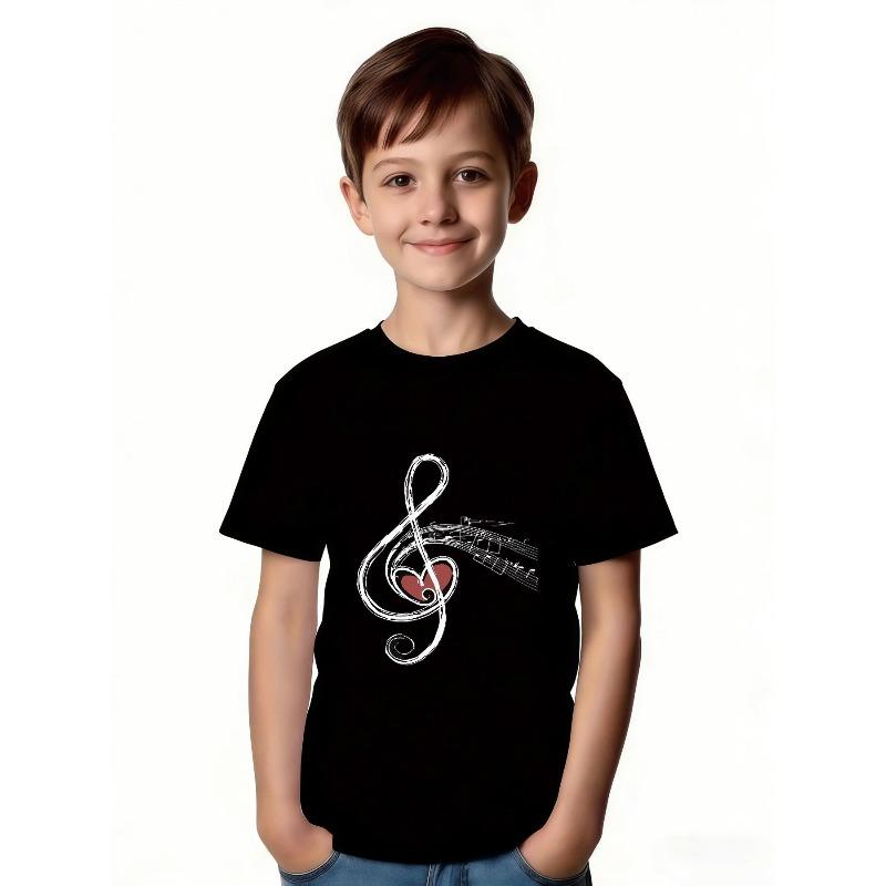 European sizes Kids' Music Love Heart Style T-Shirt - Unique Black Base with White Musical Notes and Abstract Treble Clef Design