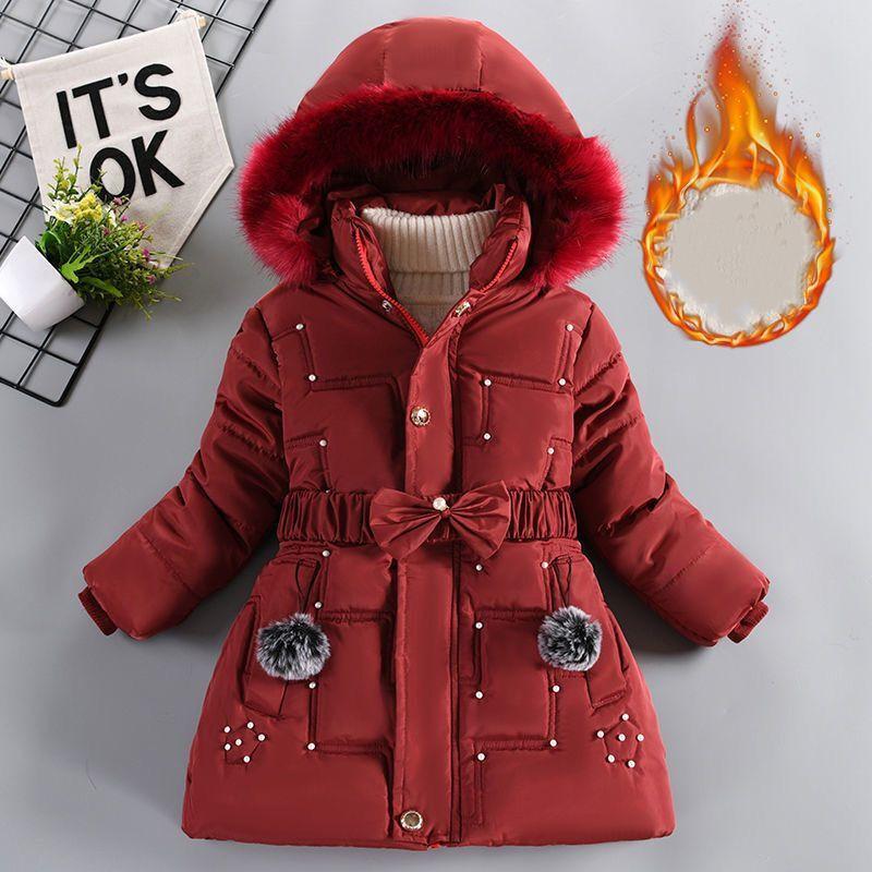 2023 New Thick Keep Warm Winter Girls Jacket Detachable Hat Plush Collar Hooded Coat For Kids 4 Color Children Birthday Present