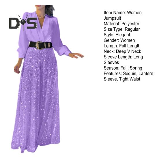 Women Jumpsuit Wide Leg Shiny Sequin Deep V Neck Long Lantern Sleeve Tight High Waist with Belt Solid Color Prom Cocktail Party Wedding Fake Dress