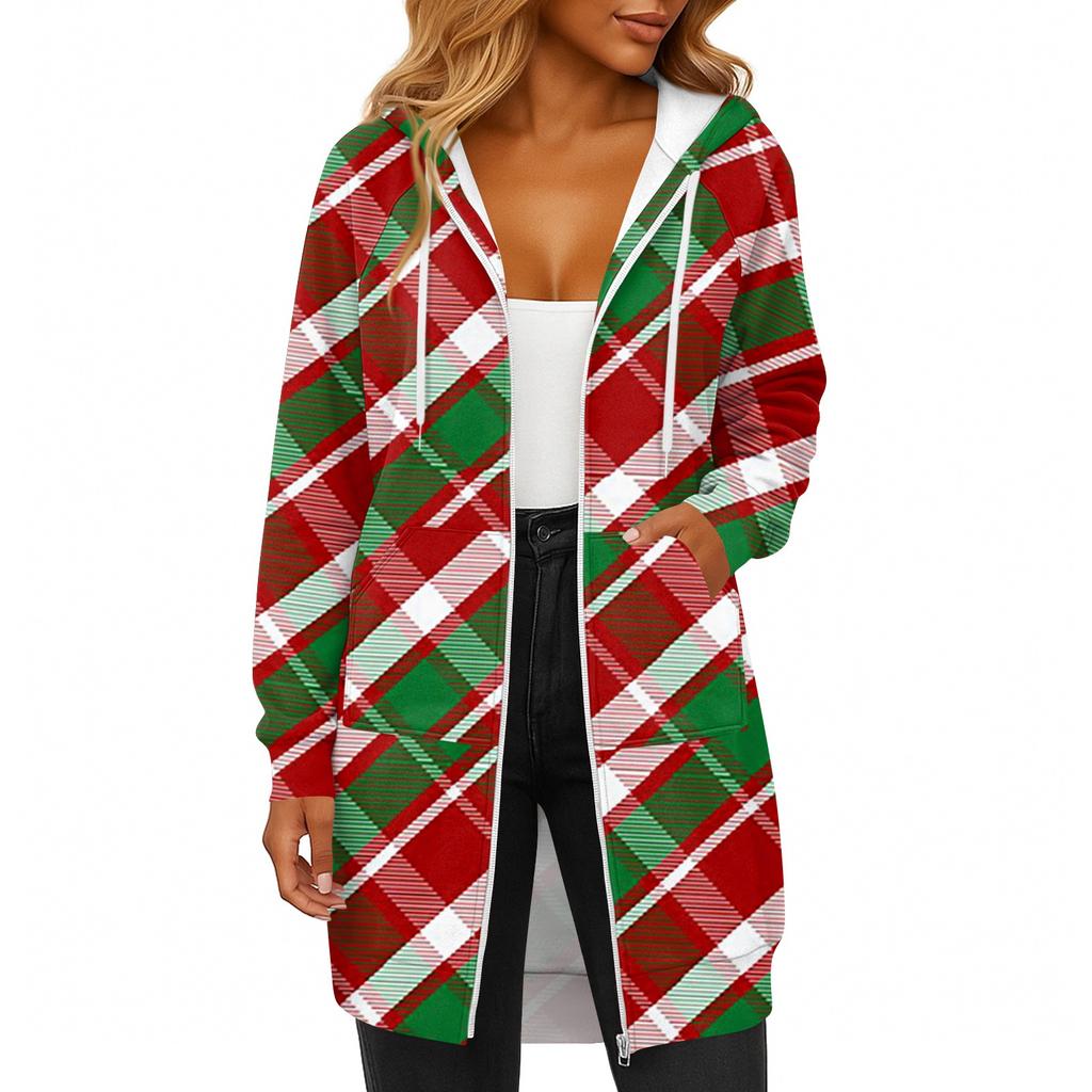 Women's Fashionable Christmas Printed Long Sleeved Drawstring Hooded Zipper Pocket Long Casual Sweatshirt Jacket