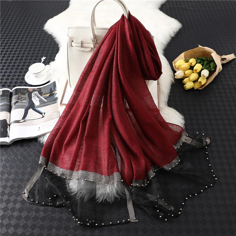 Мода Новый Женский Шарф-Шаль из Смеси Шелка и Хлопка Однотонный Мягкий Дикий с Бисерной Отделкой Тюрбан Подходит Роскошный Женский Дорожный Шарф для Защиты от Солнца