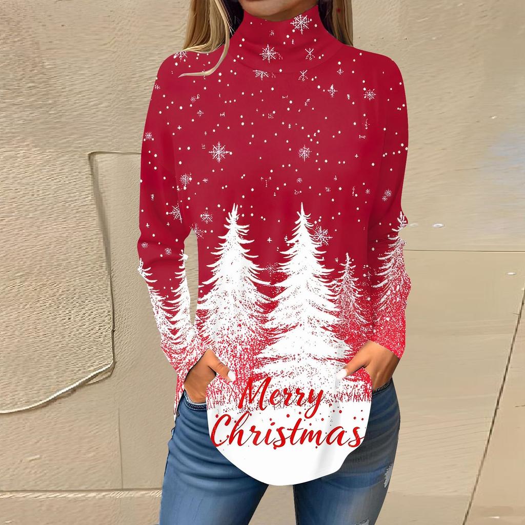 Женская модная повседневная футболка с высоким воротом и рождественским принтом, длинный рукав, пуловер, топ