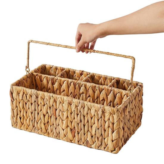 Utensil Caddy with 5 Compartments Hand-woven Storage Basket with Handle Rustic Cutlery Flatware Organizer for Picnic BBQ Kitchen Countertop Storage