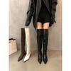 Ботильоны выше колена на толстом каблуке, черные, с голенищем-чулком, женская обувь, новые, осенне-зимние, с острым носком, облегающие, в стиле «бой»