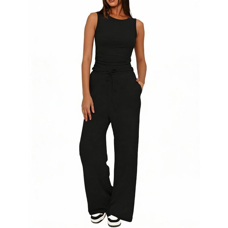QICED Women's Summer Spring Fashion Casual Sleeveless O-Neck Pants Suits Casual Chic