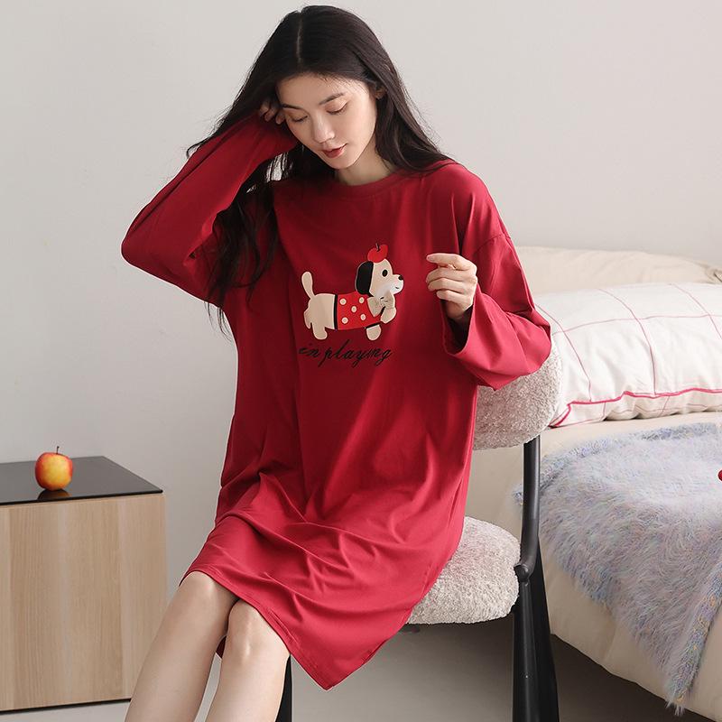 Женская пижама милого стиля с длинным рукавом, средней длины, из хлопка, для осени