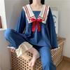 Nightgown Women's Spring and Autumn Long Sleeve Navy Collar Blue Lovely Sweet School Uniform Autumn and Winter Homewear