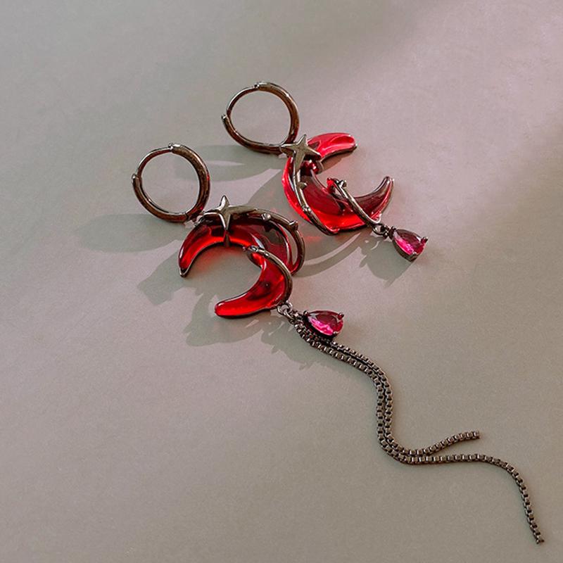 Red Moon Gem Asymmetric Earrings Personality Hip-Pop Gothic Dark Ear Pendants Tassel Chain Eardrop Ear Buckle Jewelry Accessory