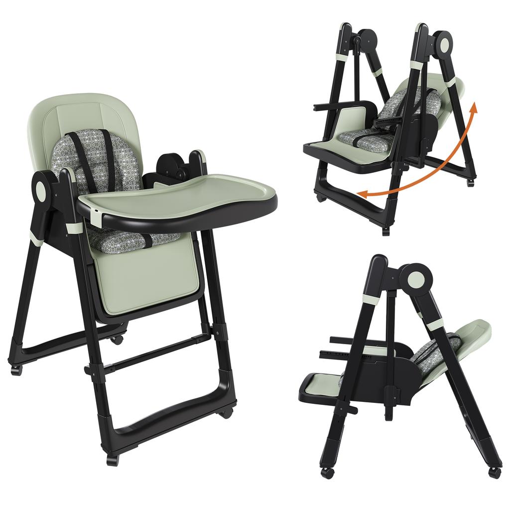 2-in-1 Baby High Chair with Rocking Function, 5-Point Safety Harness, Locking Wheels, Removable Tray, Foldable & Height-Adjustable, Dark Green