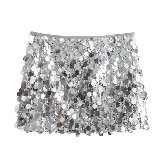Women Mini Skirt High Waist Sparkling Sequin A-Line Short Skirt Hip Wrapped