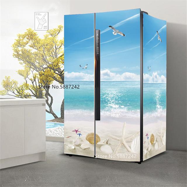 Наклейки на холодильник с морским пейзажем для обоев на холодильник, виниловые самоклеящиеся декорации для пейзажей, пленка для морозильной камеры, пляжная крышка для кухни