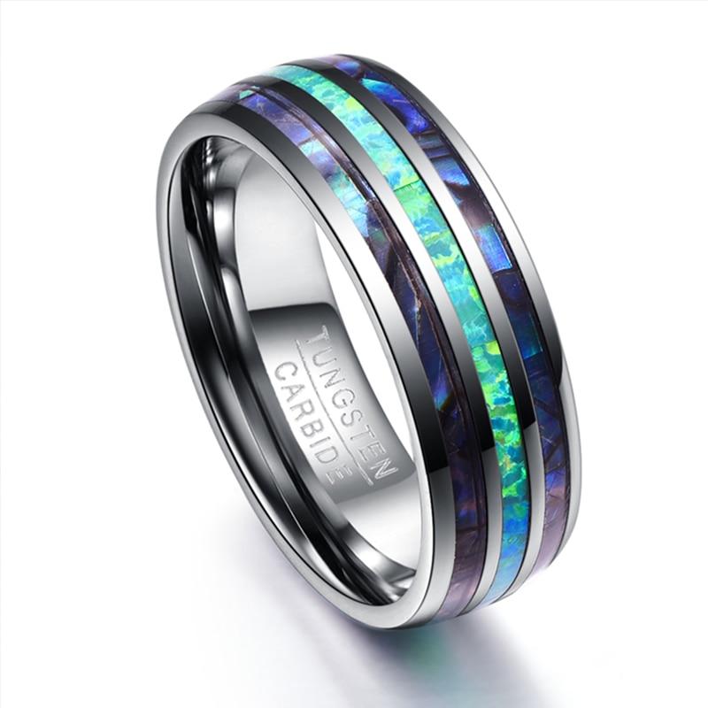 Luxury Men Women 8mm Stainless Steel Ring Inlay Abalone Shell Imitation Opal Wedding Band for Couples Jewelry Gifts
