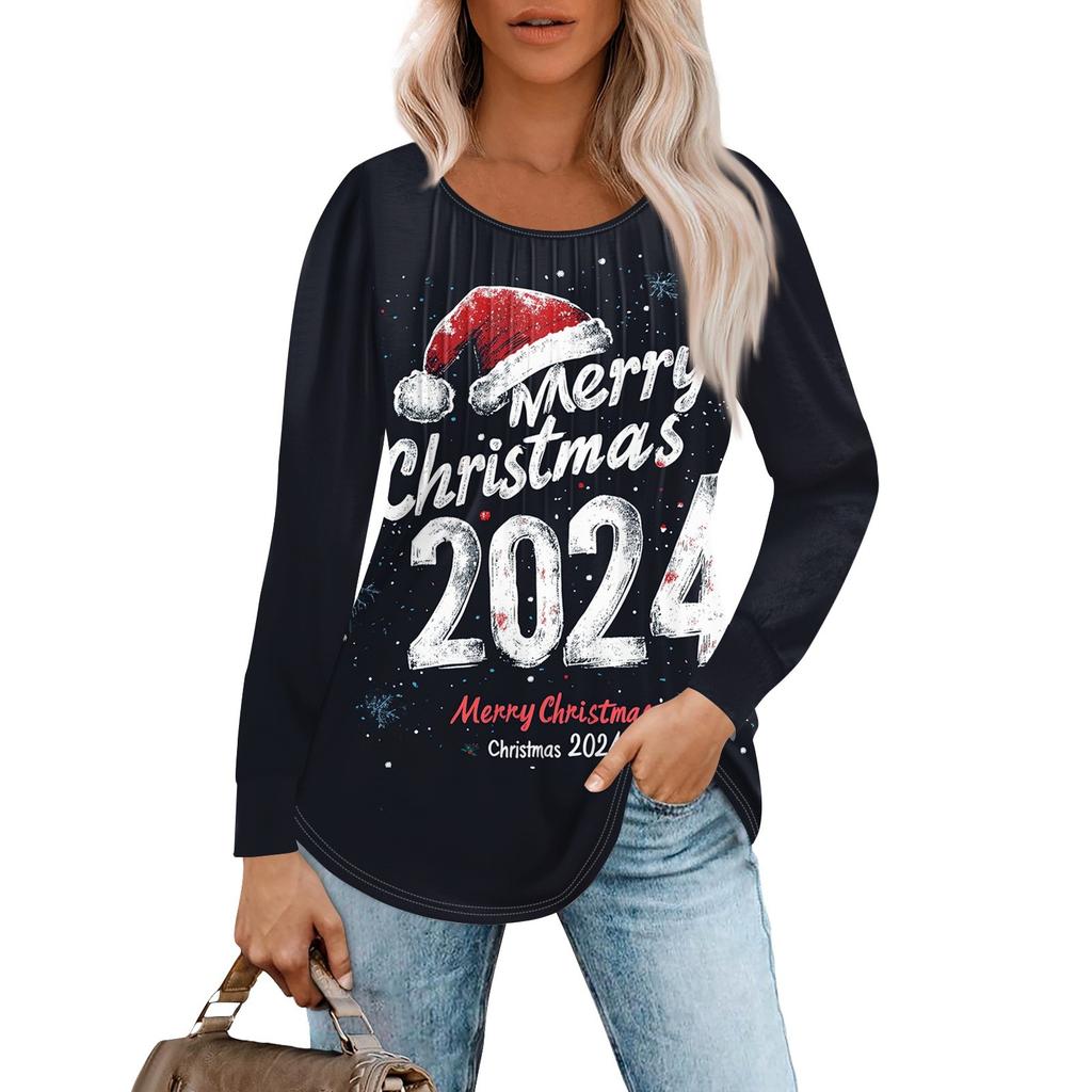 Женская повседневная футболка с круглым вырезом и длинными рукавами с рождественским принтом и складками