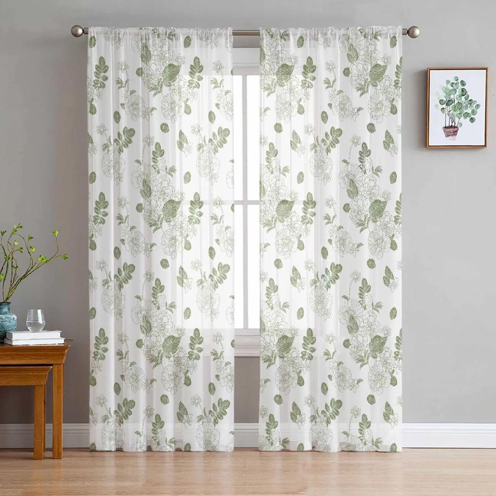 Flowers Retro Plants White Flowers Bedroom Transparent Sheer Curtains Holiday Decoration Window Voile Tulle Curtain