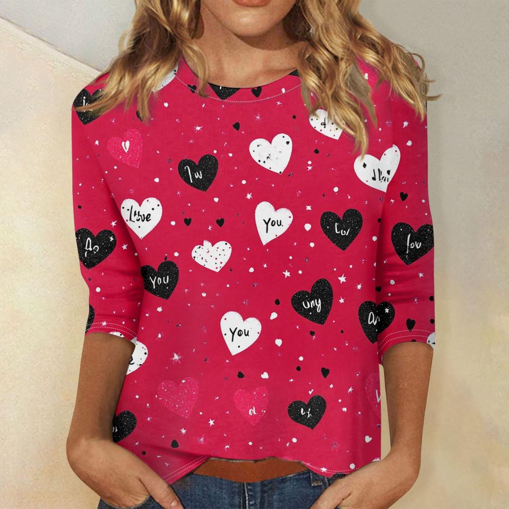 Женские топы с рукавом три четверти, рубашка на День святого Валентина, круглая горловина, свободная повседневная рубашка
