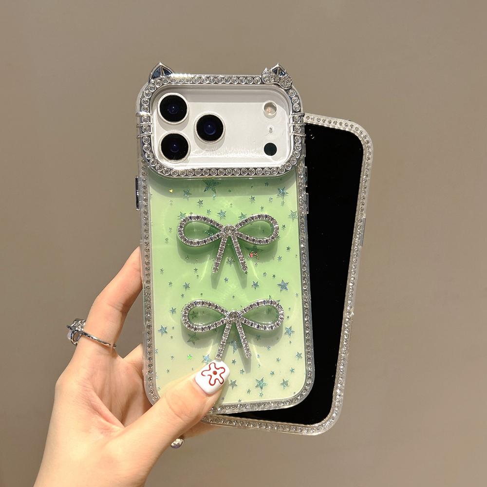 KEYSION Милый 3D Чехол для телефона с кошачьими ушками, прозрачный, для iPhone 12 13 Pro Max 11, с блестками, украшенный драгоценными камнями, с бантиком, противоударная задняя крышка