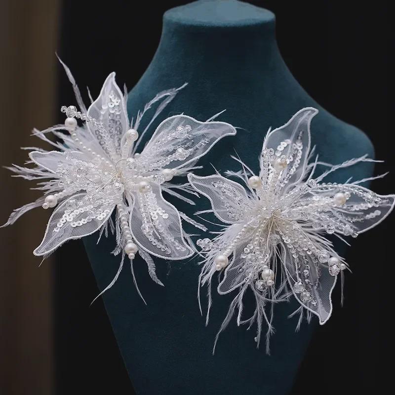 Головной убор ручной работы из белого кружева с перьями феи для невесты
