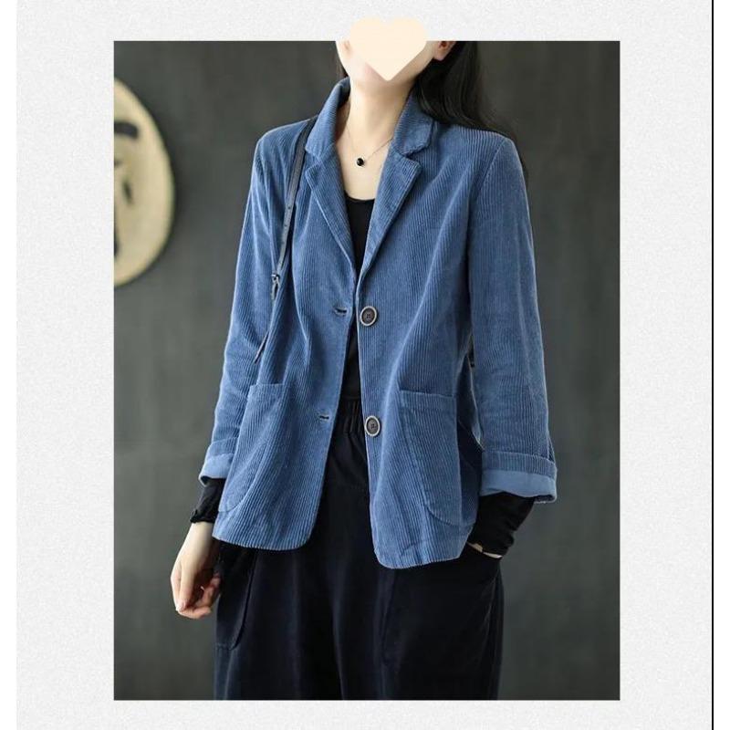 Women Corduroy Jacket Vintage Casual Coat Long Sleeve Loose Single Breasted Blazers Autumn Slim Outwears Female