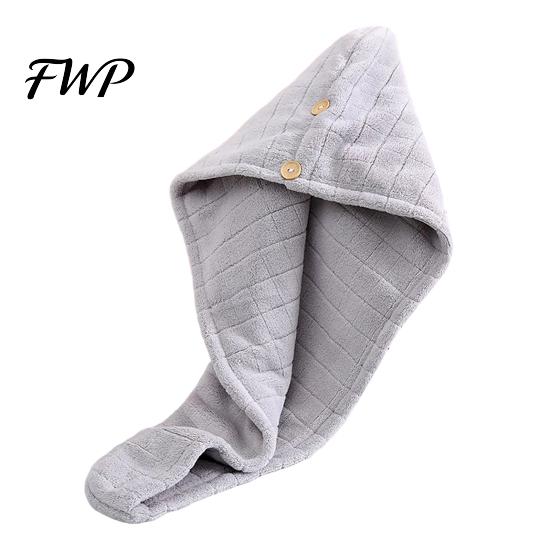 Super Absorbent Hair Drying Cap Coral Fleece Towel Wrap with Button, Thick Quick Dry Microfiber Turban, for Long Odor Free