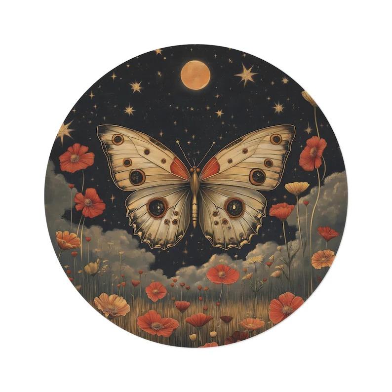 Butterfly Dream Round Rug, Boho Home Decor, Witchy Cottagecore Area Rug, Unique Indoor Carpet, Gothic Celestial Butterfly
