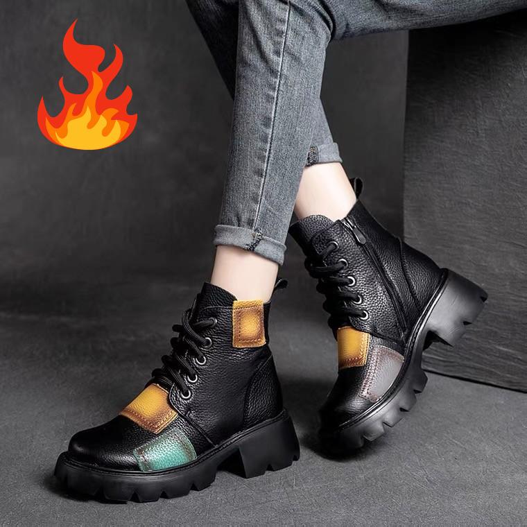 Women's Autumn and Winter Ethnic Style Short-tube Thick-heeled Single Boots Retro Patch Waterproof Platform Boots