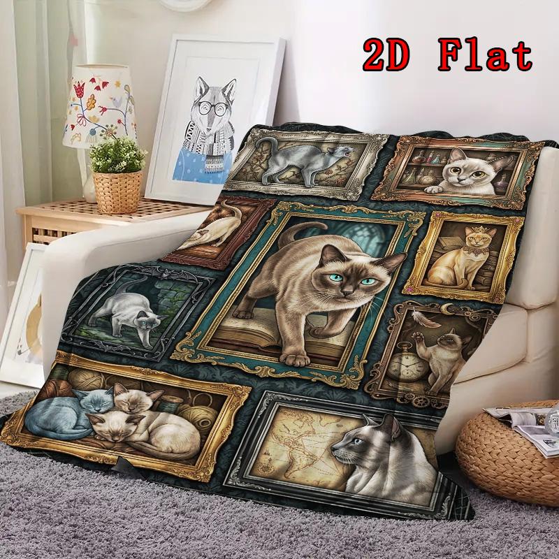 Gothic Cat Portraits 2D Flat Pattern Flannel Blanket, High quality All Seasons, Home Decor, Warmth and Comfort, Perfect for Christmas Gifts.