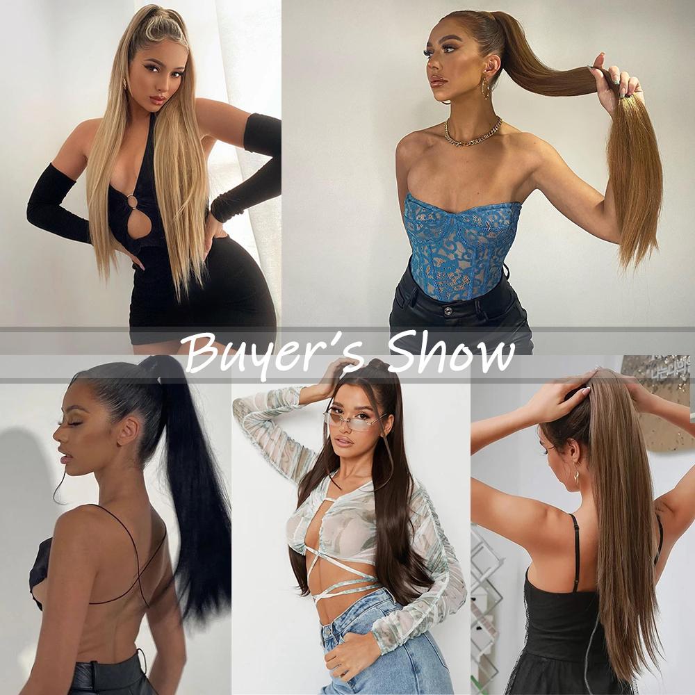 MISS WIG Synthetic Long Straight Hair Extension Wrap Around Clip In Heat Resistant Fiber Ponytail Natural Pony Tail for Women