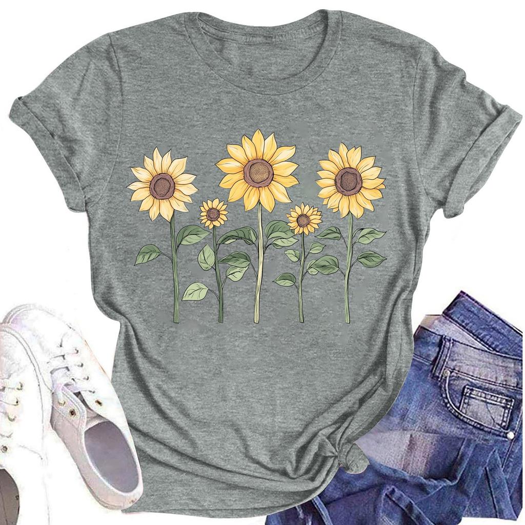 Женская повседневная футболка с круглым вырезом и цветочным принтом, короткий рукав