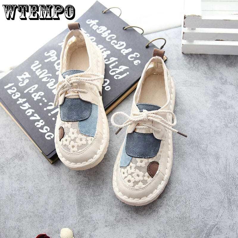 Ретро фея вышитые кружевные сетчатые сандалии женские с круглым носком весенне-летние туфли на плоской подошве с полой сеткой