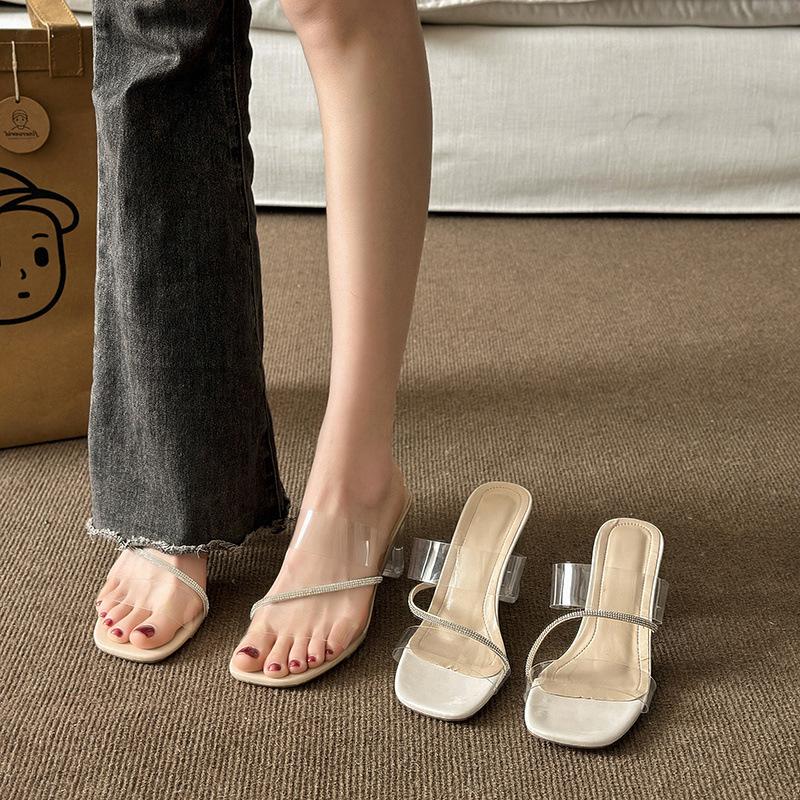 Женская верхняя одежда на высоком каблуке 2025 лето новая мода круглый носок толстый каблук интернет-знаменитость хрустальные шлепанцы женские сандалии женские