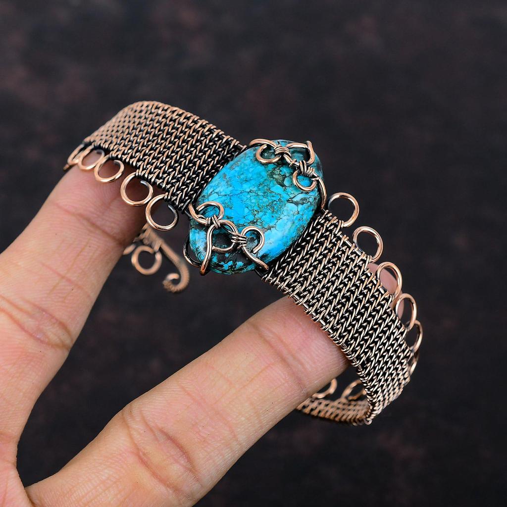 Tibetan Turquoise Gemstone Cuff Bracelet Copper Wire Wrapped Handmade Bangle Adjustable Cuff Bangle Copper Wire Wrapped Bangle Gift For Him