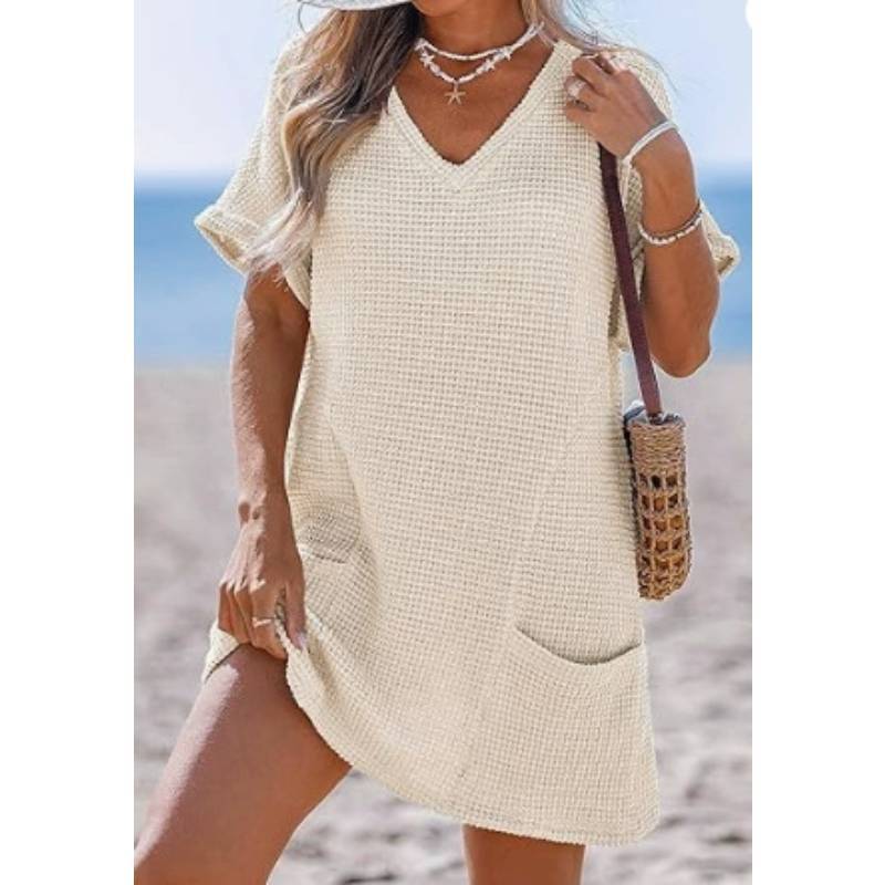 Knitted Tank Dress With Pockets And Deep V Neck For Beach And Travel Use
