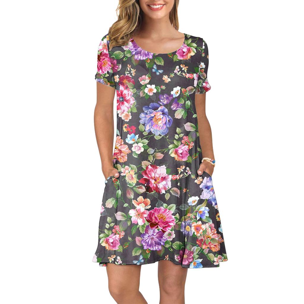 Women Summer Short Sleeve Flower Printed Pockets Sundress Casual Swing Dress